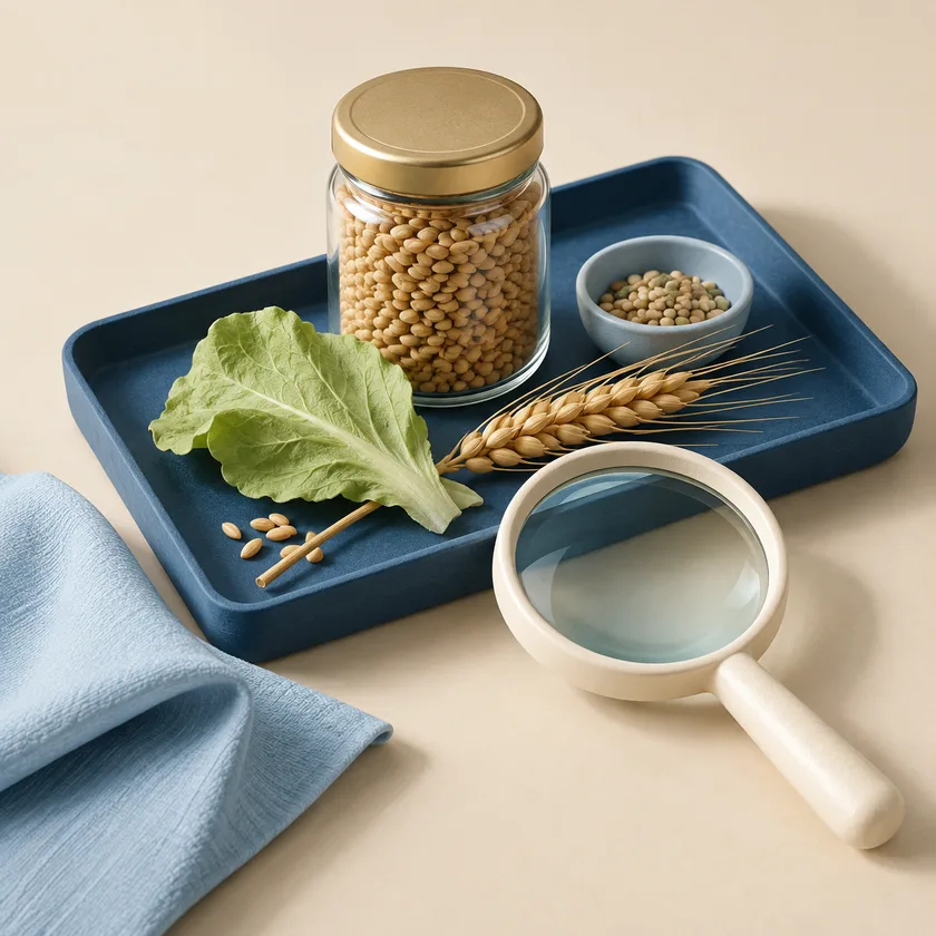 A blue food sample tray holding a sealed jar, pale green leaf and wheat stalk, alongside an ivory magnifying glass.