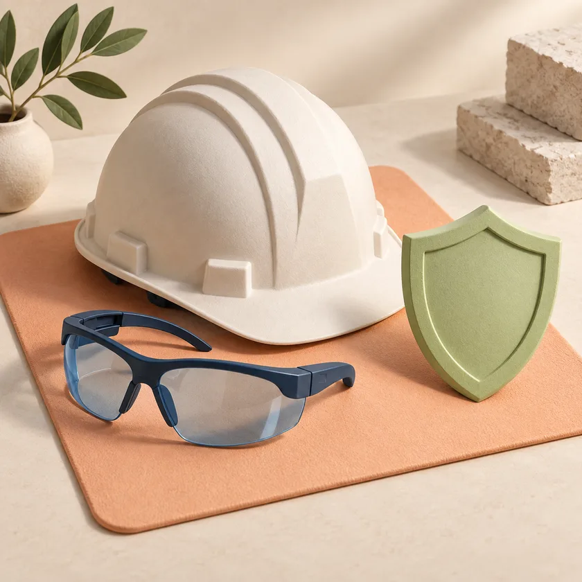 An ivory safety helmet, blue protective glasses and pale green shield on a neat apricot work mat.