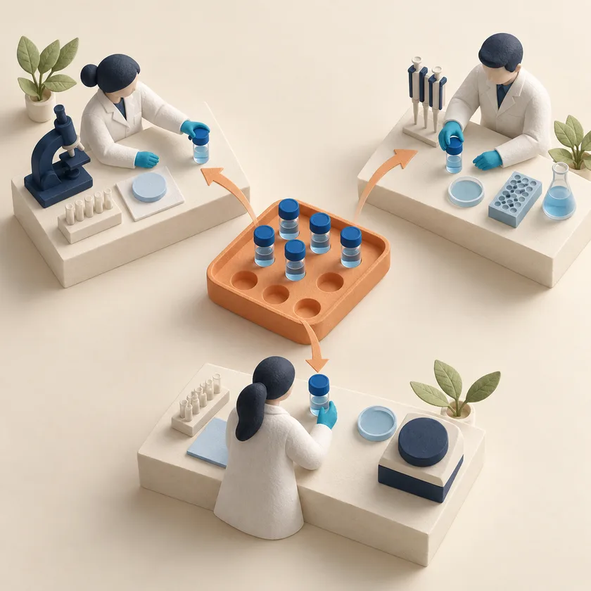 Three separate ivory laboratory stations each receive one matching blue sample vial from a central apricot sample tray.