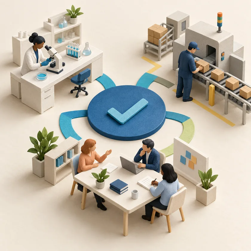 A small cluster of different ivory workplaces, a lab, factory and office, surrounding a shared blue quality circle.