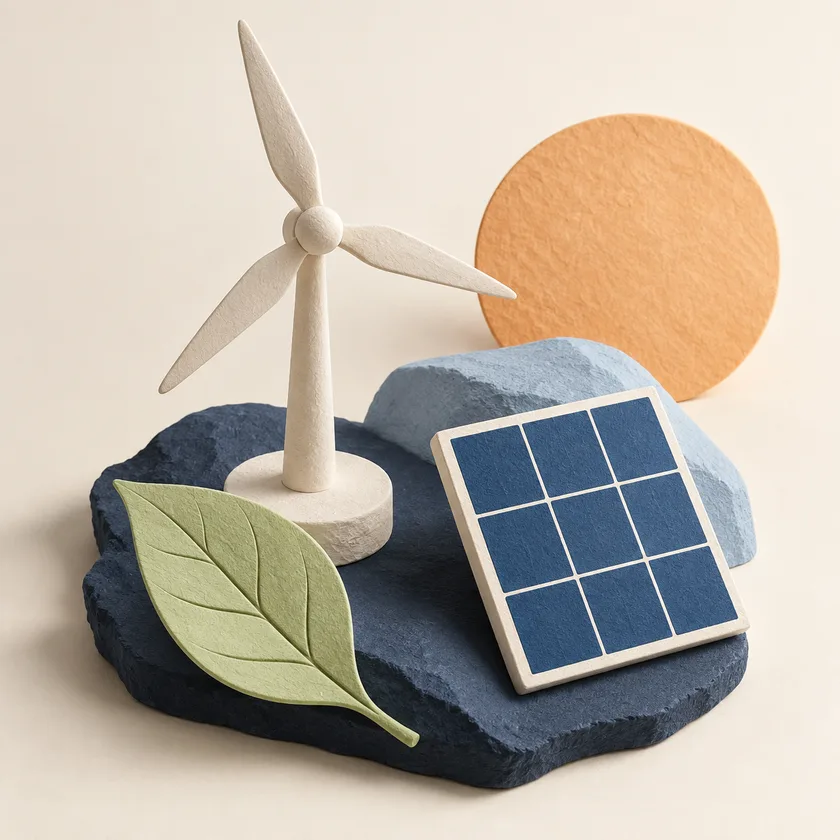 A wind turbine, solar panel and leaf representing energy and environmental work.