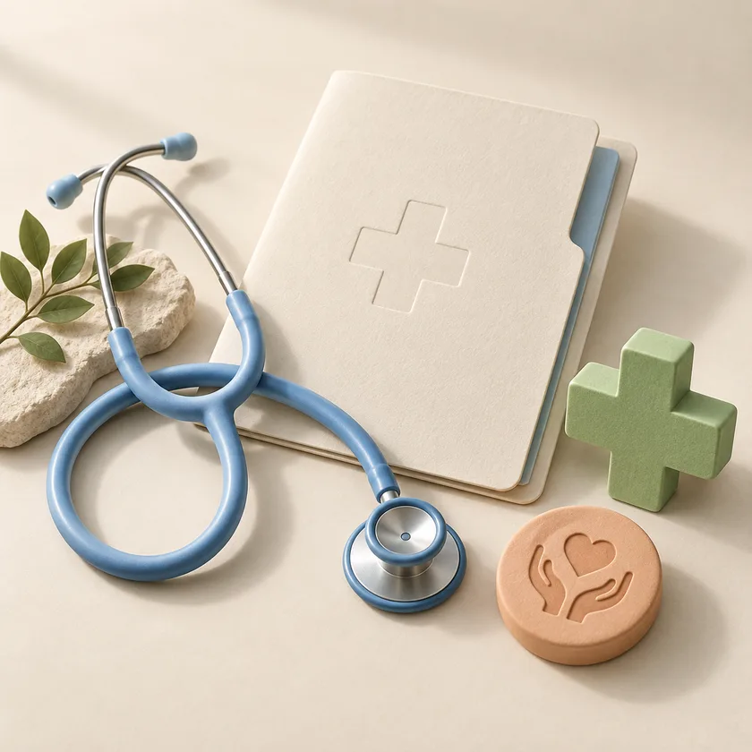 A stethoscope and organized care folder with a green medical cross.