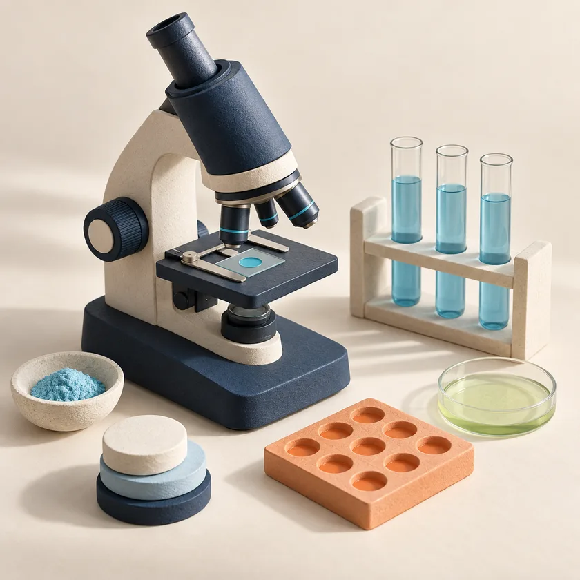 A microscope, sample tubes and a specimen tray in Qlutch colors.