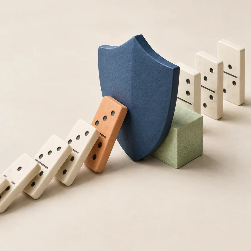 A blue shield interrupts a falling line of dominoes.
