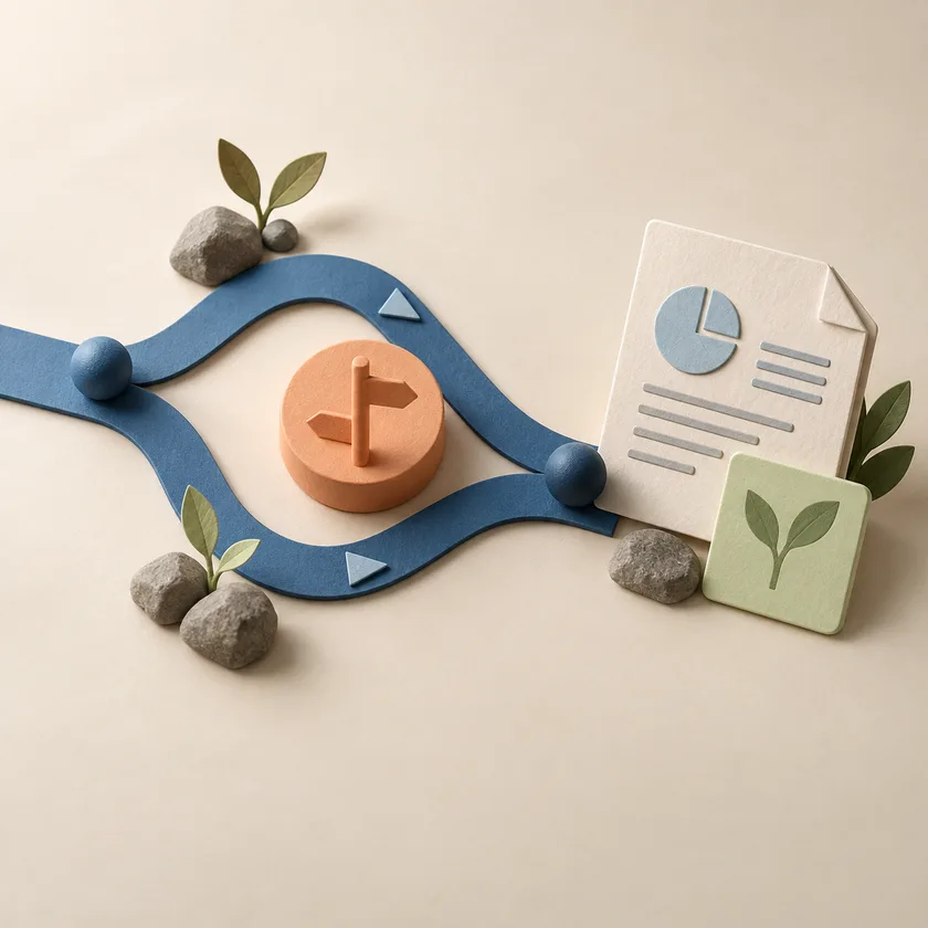 A blue path splits around an apricot decision point and rejoins beside a revised ivory document and pale green learning card.