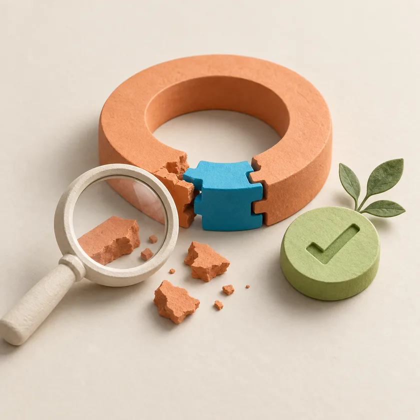 An apricot broken loop is repaired by a precise blue joining piece, with an ivory magnifying glass and green follow-up token.