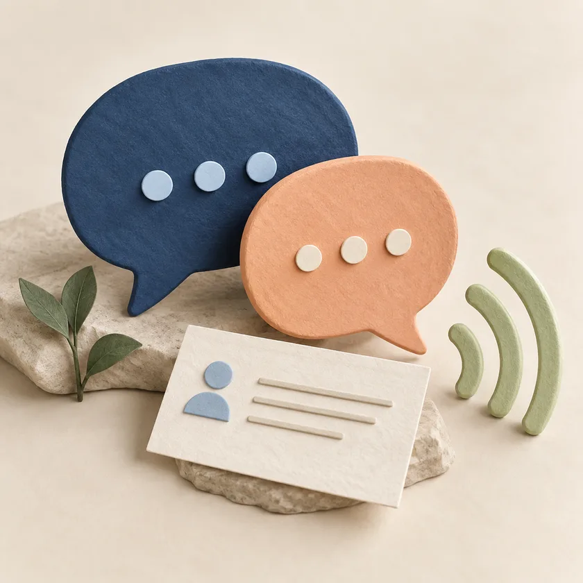 Two overlapping blue and apricot speech bubbles beside a small ivory response card and a pale green listening arc.