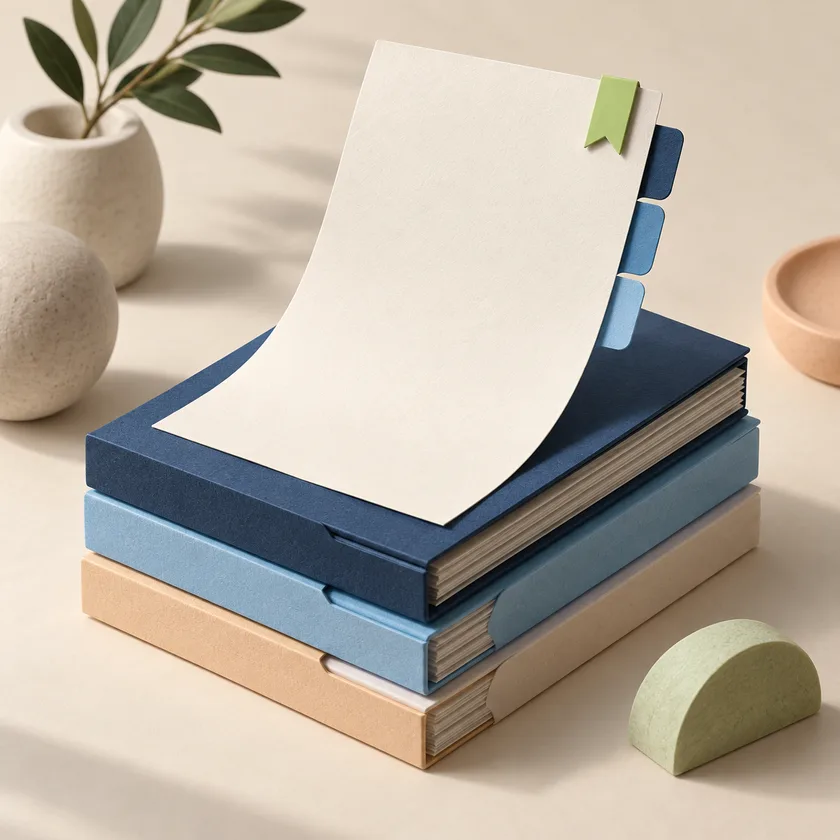 An ivory document rises from a neat archive stack along three blue revision tabs, a small green current-version bookmark.