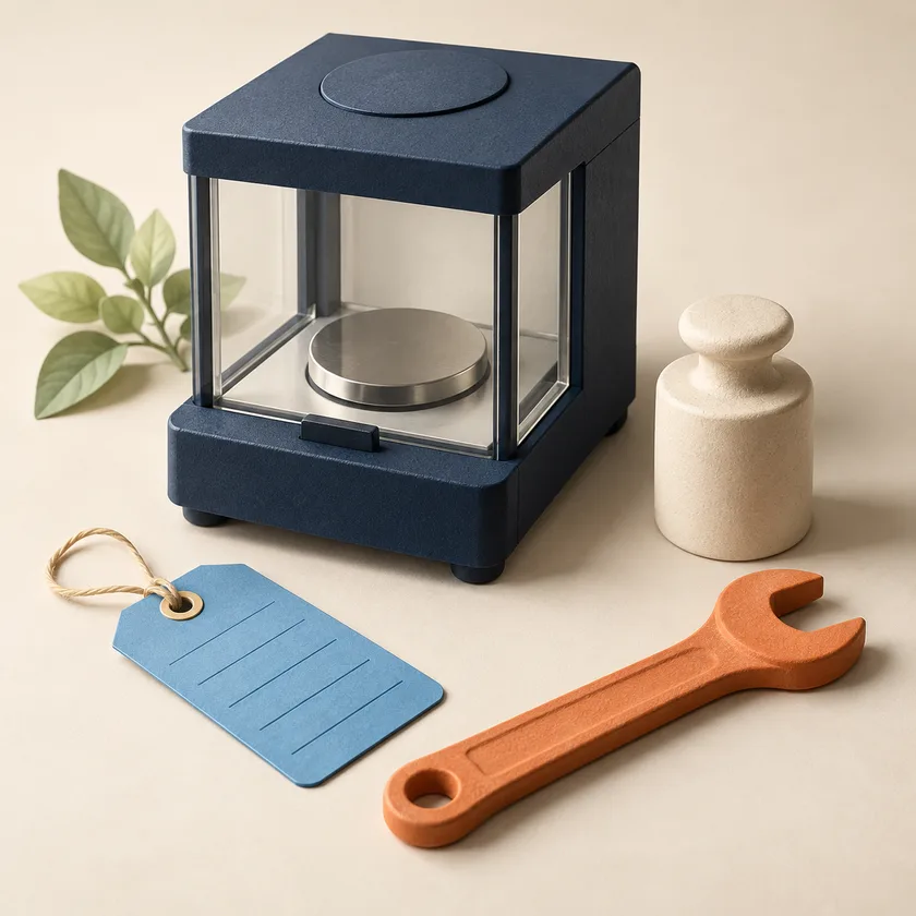 A compact navy laboratory instrument, ivory calibration weight and a blue maintenance tag beside an orange wrench.