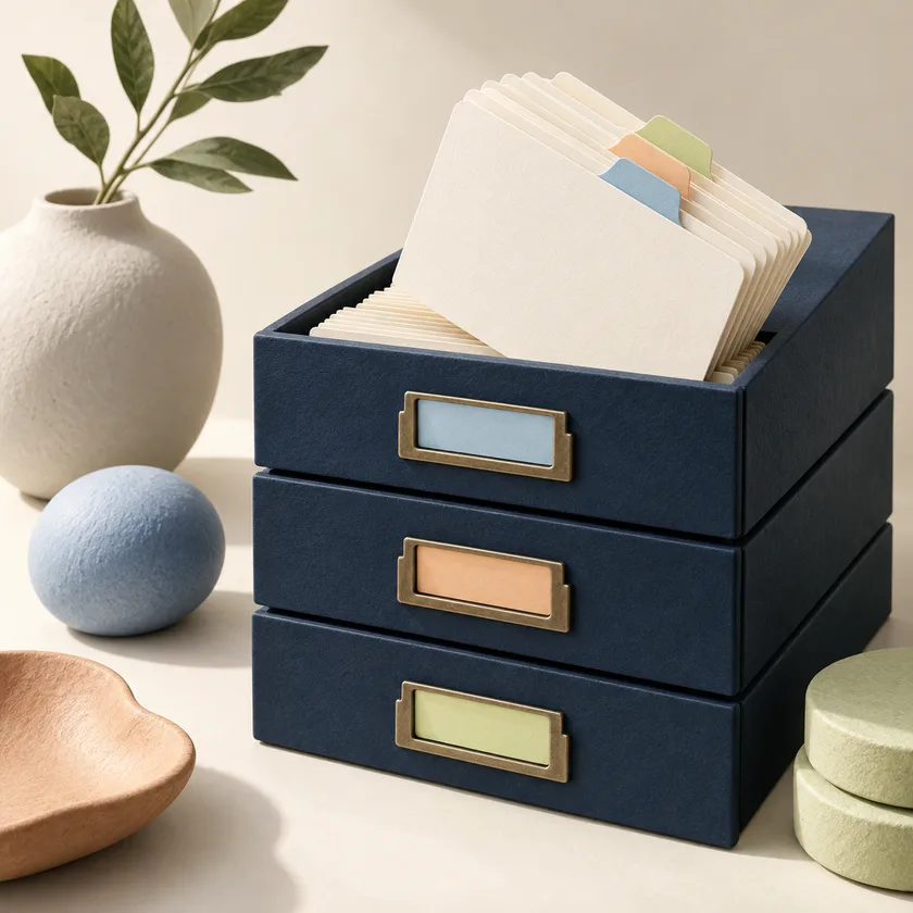 A fan of ivory evidence cards slides neatly into three navy archive drawers with blue, apricot and pale green tabs.