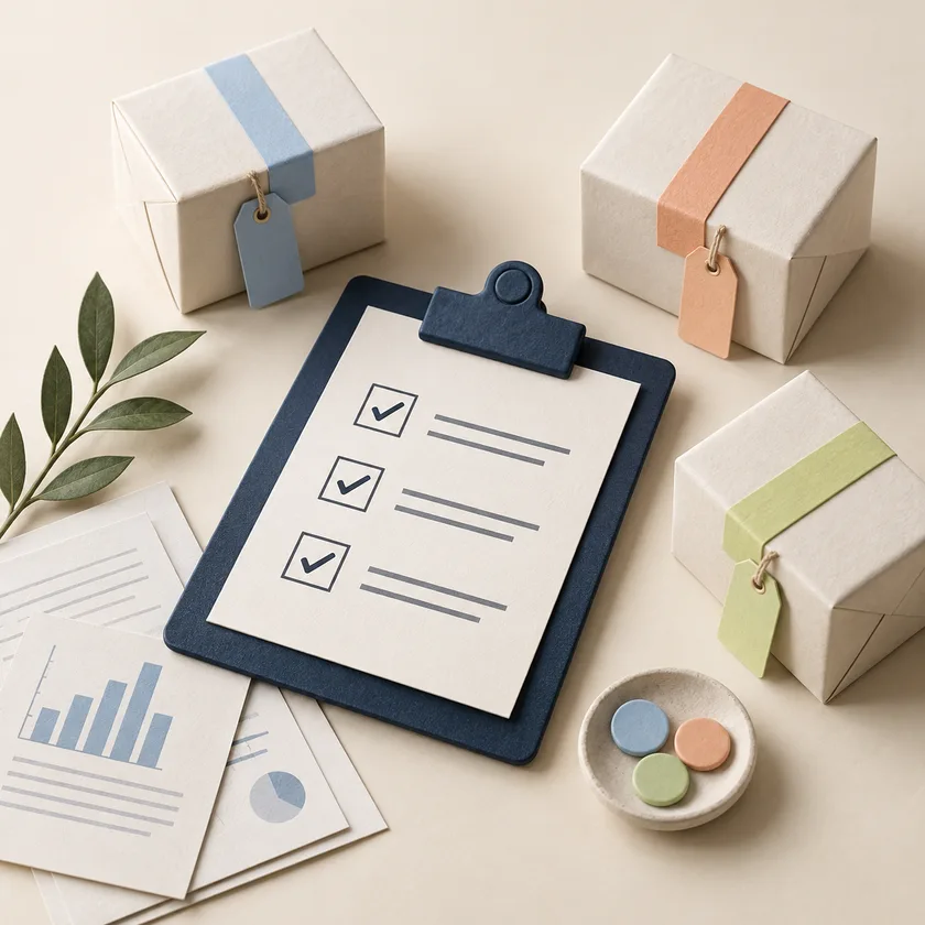 Three small ivory supplier parcels each with a different pastel tab arranged around a navy review clipboard.