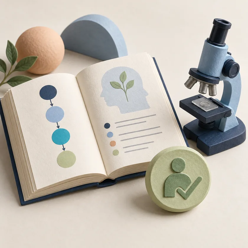 An open ivory method book beside a small blue laboratory tool and a pale green practical-assessment token.