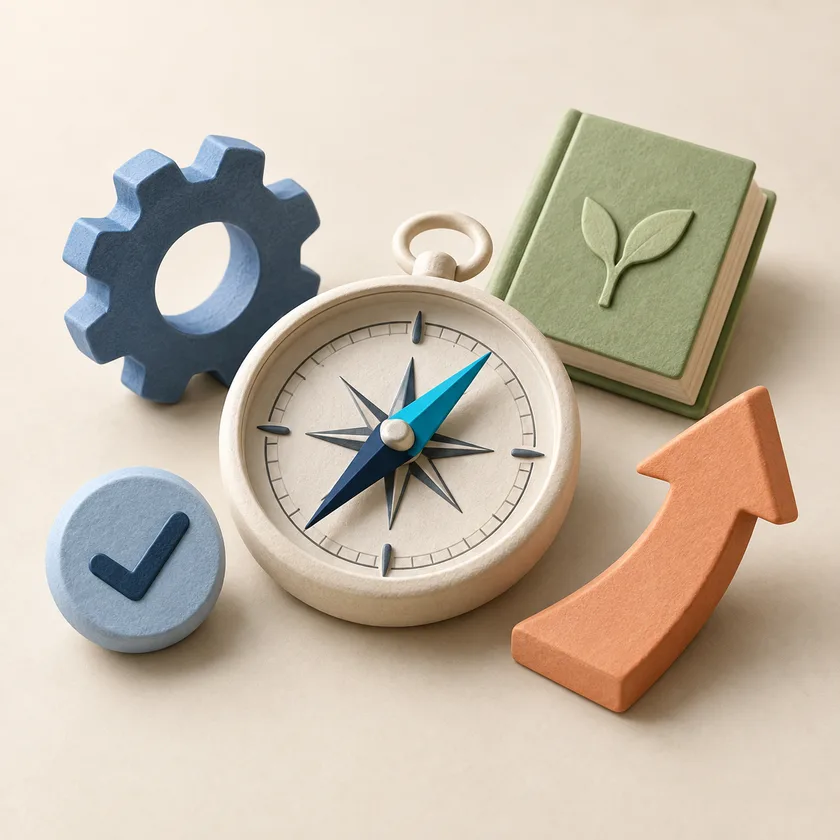 An ivory compass surrounded by a small check token, a blue gear, green learning book and an orange upward arrow.