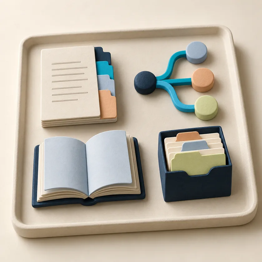 Four neatly arranged sculptural objects on an ivory tray: tabbed document, branching route, open book, and index-card box, representing the four quality tools.