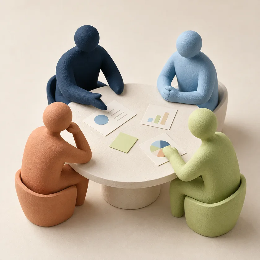 A team gathers around a table to review information together.
