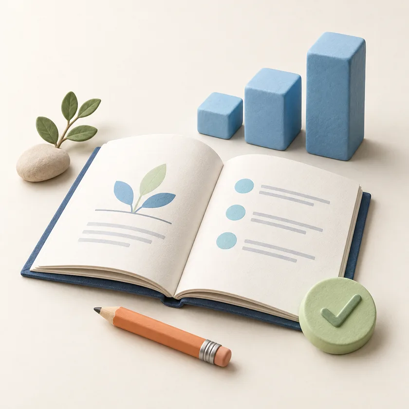 An open learning workbook, ascending blue blocks and a completion token.